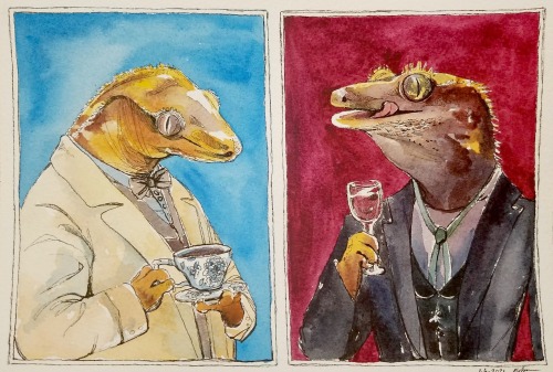 ekjordan:Good Omens lizards for my roommate’s birthday[ID: A watercolor painting with pen outlines, 