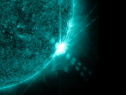 skynewsoffair:  The sun emitted a mid-level solar flare, peaking at 6:49 p.m. on June 7, 2013. Solar flares are powerful bursts of radiation. Harmful radiation from a flare cannot pass through Earth’s atmosphere to physically affect humans on the ground.