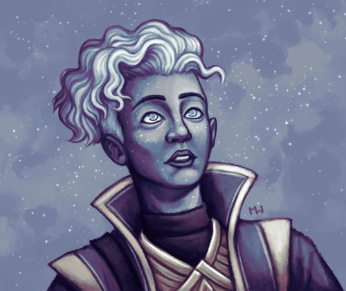 [ID: a blue-toned digital portrait of Nova V'ger, looking upwards with a slightly awestruck expressi