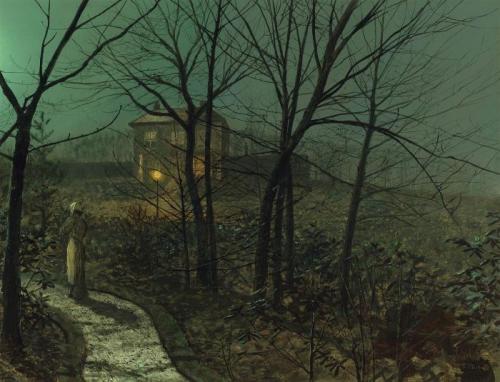 Woman on a path by a cottage, John Atkinson Grimshaw