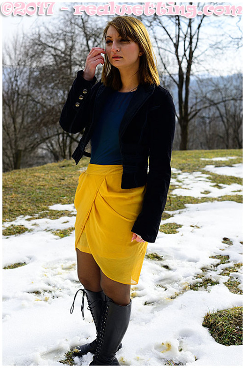 Admiring the mountains view, Gemma decides to piss her skirt, pantyhose and boots on the last remain