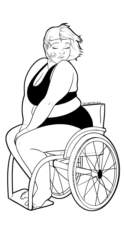 ogrefairydoodles:Disabled Cuties 3[ID: a clean lineart depicting a fat femme person in a wheelchair 