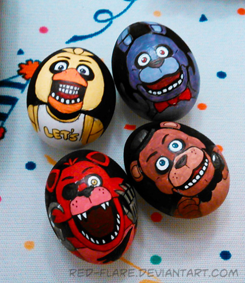red-flare:Happy Easter, everyone! :DFor those who don’t know, I paint themed Easter eggs every year. This year, I chose Five Nights at Freddy’s as my theme. Last year I did Marvel themed eggs. If you wanna see any of my previous year’s eggs all