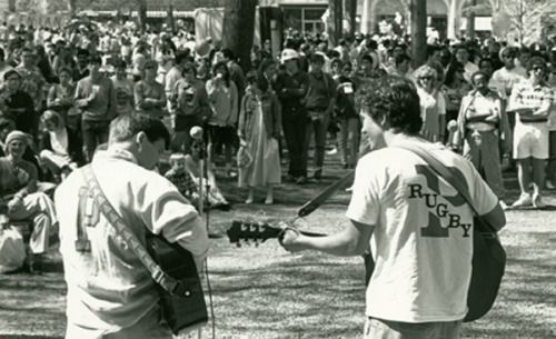 Musicians at Princeton, 1860s-1980s:1. Eight unidentified students hanging out on Princeton&rsq