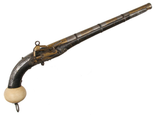 Gold inlaid, silver mounted miquelet pistol with ivory ball butt, The Caucasus, 19th century.from He