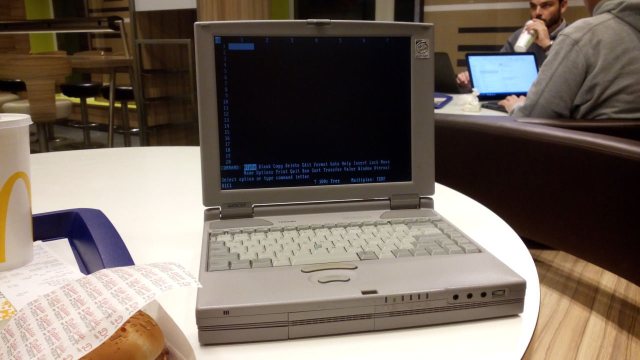 … prepared to do some serious business with Microsoft Multiplan spreadsheet software :)
Btw this is probably the best DOS gamming laptop. Toshiba Satellite Pro 440CDT (1996) is equipped with 133-Mhz Pentium MMX, 32MB of RAM, a 2GB hard-drive, good...