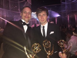 kateordie:  ncrossanimation:  Pat McHale and myself with our Emmys!  Over the Garden Wall won for Best Animated Series!  I won two Individual Achievement Emmys for Production Design on the Over the Garden Wall series and background painting on the Tome