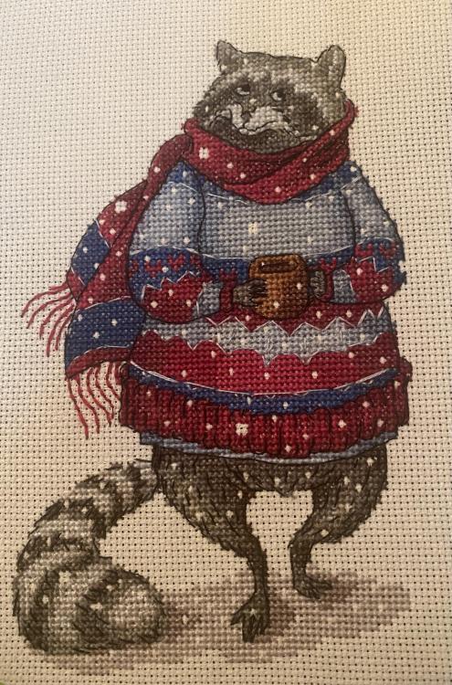 crossstitchworld:  This is my first post here, I just finished this cute raccoon from MiKaStitchDesign on Etsy by  Alumid123