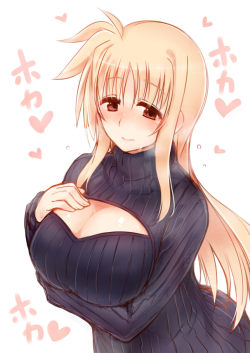 animexfavorites:  ほかほかフェイトママ（29）☆ Mahou Shoujo Nanoha | 明土しえん [pixiv]   more sweater love~ &lt; |D&rsquo;&ldquo;&rsquo;