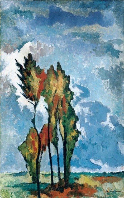 wetreesinart:Heinrich Nauen (German, 1880-1940), Poplar Trees (Fall Poplar Trees), n.d., tempera on 