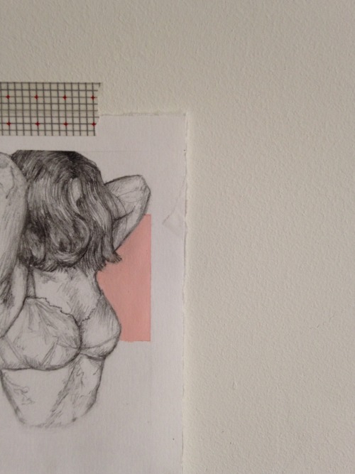 f-hirst:  two gal pals hanging out on my wall  (vague self portraits, thinking about proportional bodies, and whether or not such a thing exists.)  pencil, acrylic on paper