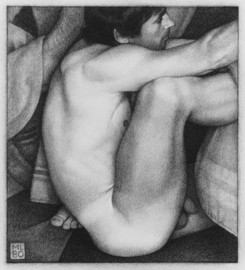 Bathers with towels. 1980. Michael Leonard. British. 1933 - pencil on paper.