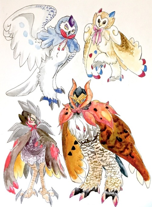 Some Decidueye variations! I love mah owls~ +froslass = snowy (ice/flying) +excadrill = burrowing (s