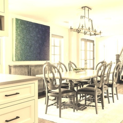 Transitional Dining RoomExample Of A Large Transitional Great Room With Gray Walls, A Brick Fireplace,