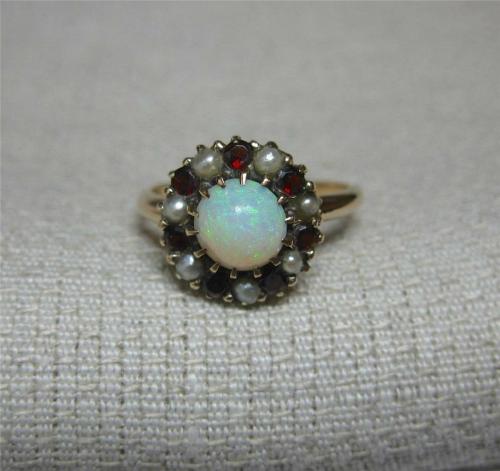 allaboutrings:Victorian 10k Gold Opal, Garnet, and Pearl Ring