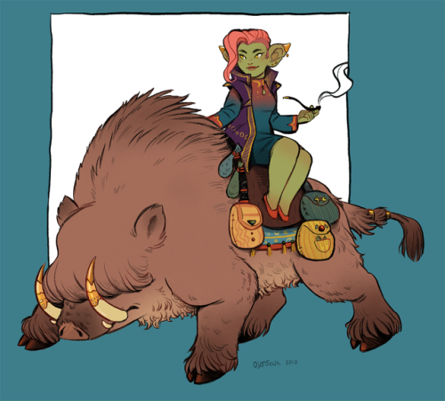 osatokun:  Rhinestone  was kind enought to  commission me to draw my own little goblin Marsh and her big boar!!  I could not be happier <3 <3