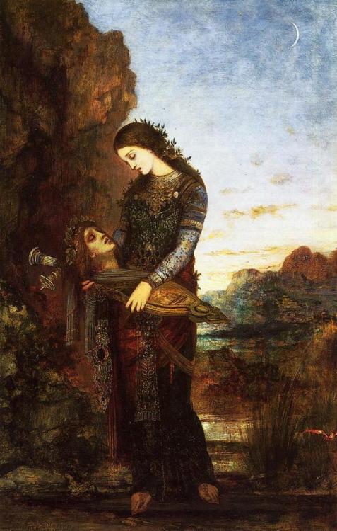 Gustave Moreau — Young Thracian Woman Carrying the Head of Orpheus, 1875.  Painting: oil on canvas. 