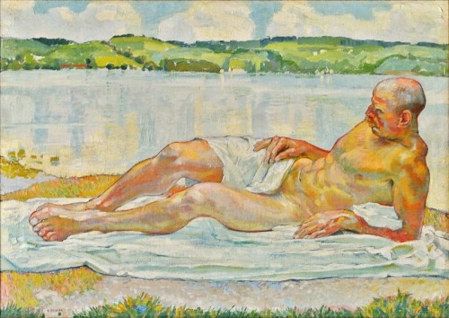 1919 Draped male nude at a lakeside. Oil on canvas by Eduard Stiefel.