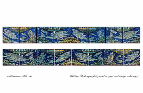 William DeMorgan fish panel tiles in two colorways, cyan and indigo.