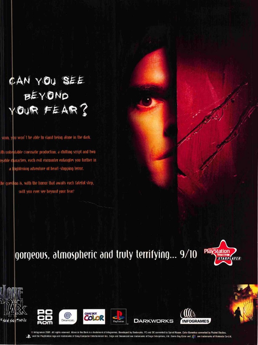 ‘Alone in the Dark: The New Nightmare’[DC / GBC / PC / PS1] [UK] [MAGAZINE] [2001]
• Official UK PlayStation Magazine, July 2001 (#73)
• Scanned by Ali Morrison, via Scribd