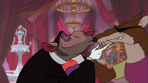 A digitally composited iamge of Professor Ratigan and Cluny the Scourge. Ratigan has a finger under Cluny's chin and he is kissing Cluny on the nose. Cluny is smiling, and reaching to caress Ratigan's face.