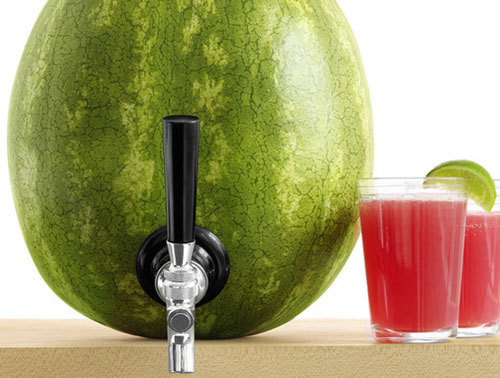 Watermelon keg pours cocktails through tap.