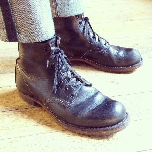 redwingshoestoreamsterdam:  Red Wing Shoes 9014 Beckman in Black Featherstone, worn for over a year and brushed and conditioned once a week. We love to see them this way! | http://ift.tt/180OFjM | http://ift.tt/1nmIi3j
