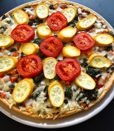 Vegan Crust Pizza With Zuchini, Spinach And Tomatoes Recipe