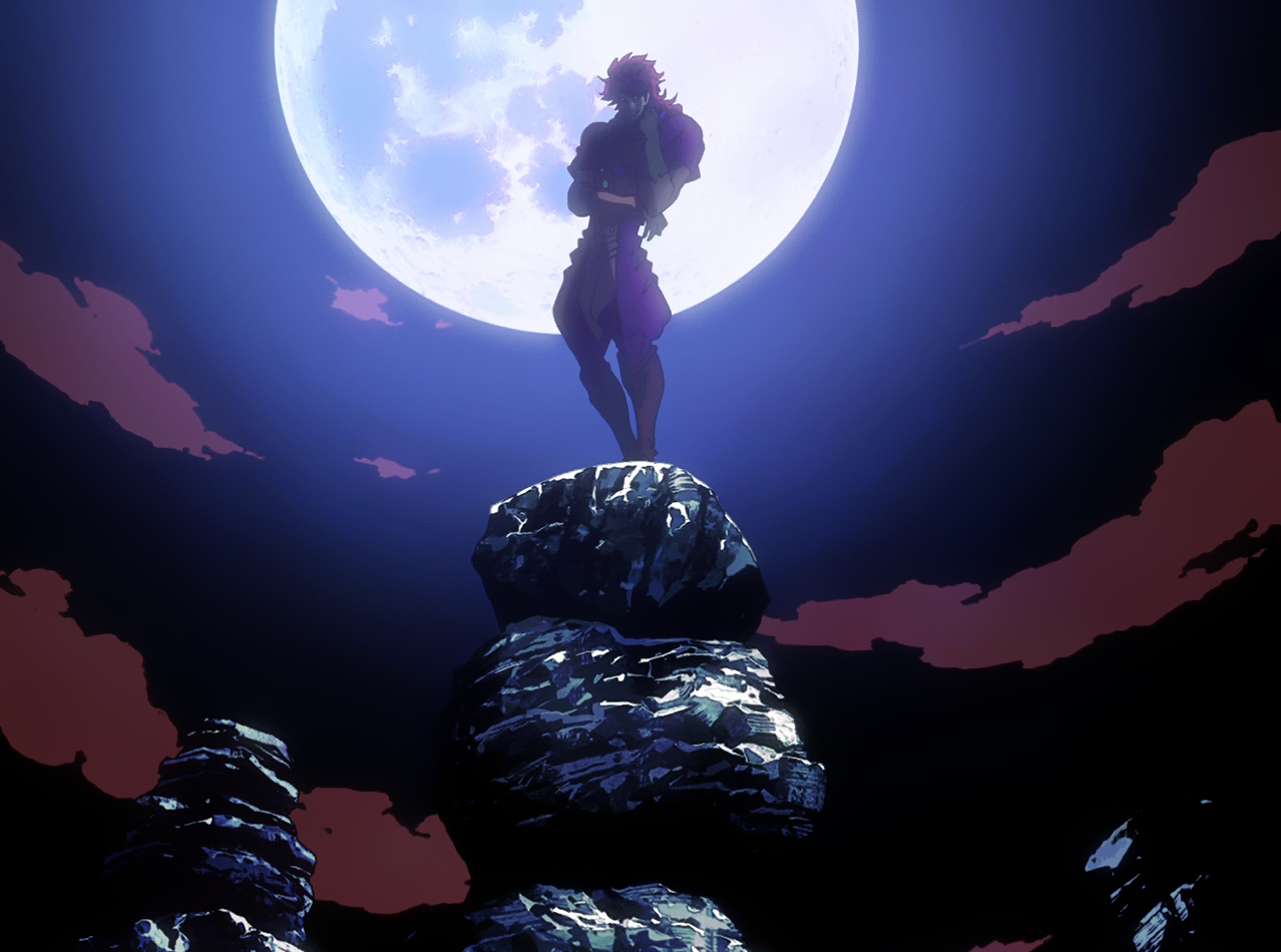 Dio Brando posing dramatically with a full moon behind