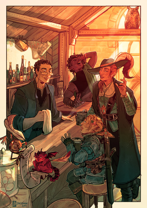 Illustration commission for @borgevino of their dnd PC’s spending a little down time at Sevryn’s bar