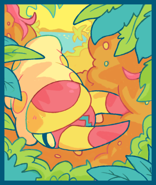 chocodile:  Yungoos, Pikipek, Grubbin, and Iwanko enjoying the beach! Was aiming for a Lisa Frank-ish colorscheme on these. :] 