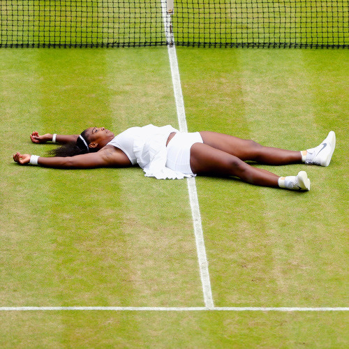 oliviergiroudd:  Serena Williams of The United States celebrates victory following The Ladies Singles Final against Angelique Kerber of Germany on day twelve of the Wimbledon Lawn Tennis Championships at the All England Lawn Tennis and Croquet Club on