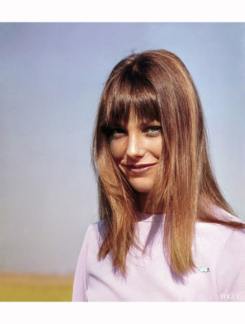 Portrait of Jane Birkin wearing a violet knit Lacoste chemise, by David Crystal. Photographed by Joh