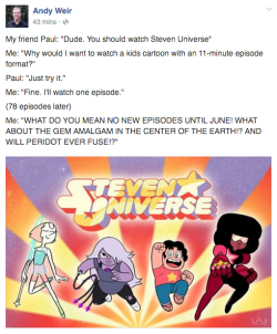 sushinfood:  sirwillisthefourth:  The Martian author Andy Weir watches Steven Universe.  WHAT.  I’m so glad. 