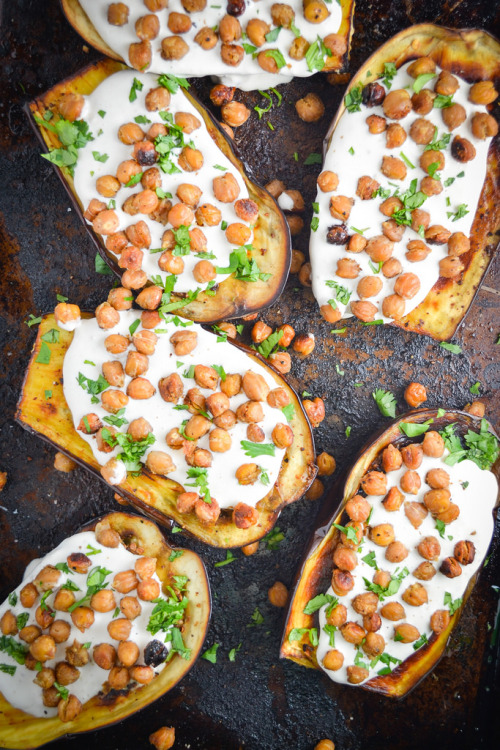 happyvibes-healthylives:Roasted Eggplant with Tahini Sauce & Chickpeas