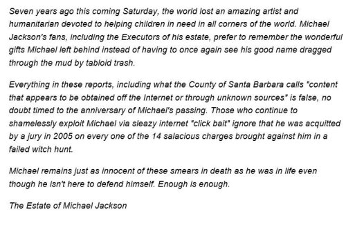 Here are two statements, one from the Sheriff&rsquo;s Office and the other from The MJJ Estate. 