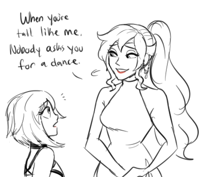 dashingicecream:  bigenderninja:  that “when you’re tall, no one asks you to dance” scene from Sailor Moon but with Pyrrha and Ruby instead     <3 <3 <3