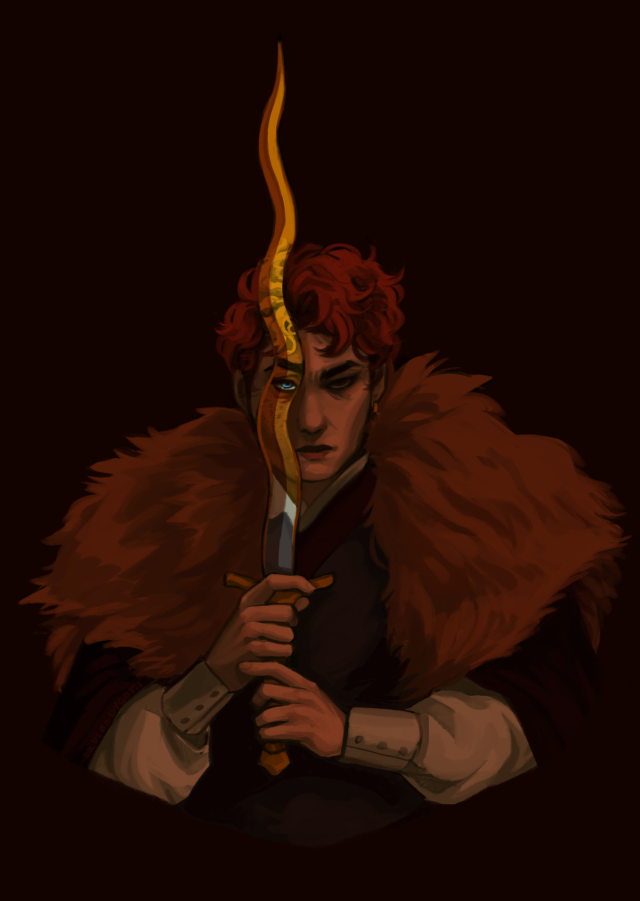 Ephrim, a young man with light skin, dark eyes, and short curly red hair, in front of a dark red background. he is holding a wavy gold sword with both hands, covering his left eye with the blade. he is wearing a white shirt and a black cape with a large mantle of fox fur. maelgwyn's blonde hair and blue eye are reflected in the sword, lining up with ephrim's hidden eye.