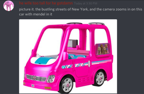 so we decided mendel drives one of those toy barbie carsart by @wither-brown and the blessed idea fr