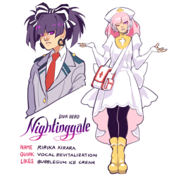 japhers:   OK  ONE LAST CHILD [I worked too hard on that lettering I’m not gonna  remove that extra G now it’s gonna be part of her Name Identity schtick]  Diva Hero Nightinggale! she says having conflicting personas makes her  identity harder to
