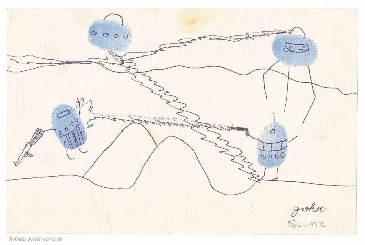 Age 11, 1982
Fingerprints fight to the death in space.
With a pen and a little imagination you can make anything into a depiction of war. Note the sweet gun on the left and a War of the Worlds-looking turreted walker thing. The layout seems to come...