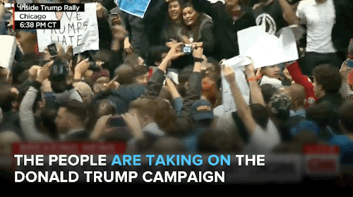 micdotcom:  The people are taking on the Donald Trump campaign and have struck their first victory. At a rally in Chicago, protesters, including Bernie Sanders supporters, arrived at a rally for the GOP frontrunner. Thousands held signs and chanted “stop