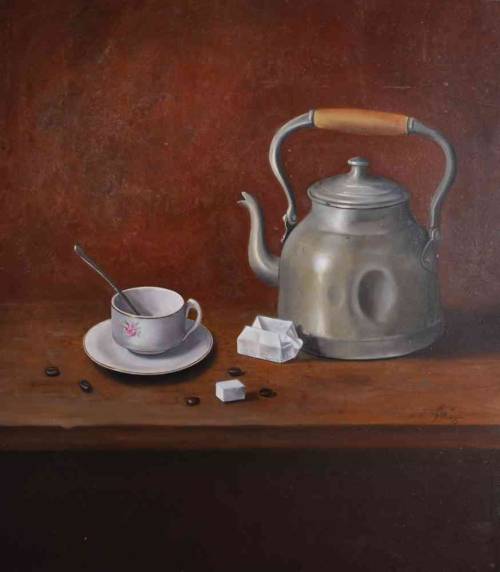 Coffeepot   -   Fabiola AliagaSpanish, b.?Oil painting on wood , 45,5 x 52cm .