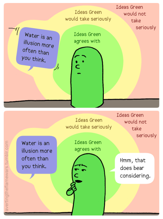 Image: Another speech bubble: Water is an illusion more often than you think. It bounces off the zone Ideas Green Agrees With, and lands in Ideas Green Would Take Seriously. Green person: Hm, that does bear considering.