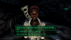 shitpost-senpai: aquacura: fun fact: in fallout 3 you can cheat a kid out of 500 caps for one of the best guns in the game but you gotta tawk wike dis to do it [Child at Heart] Hewwo?  *You have gained infamy with every faction* 