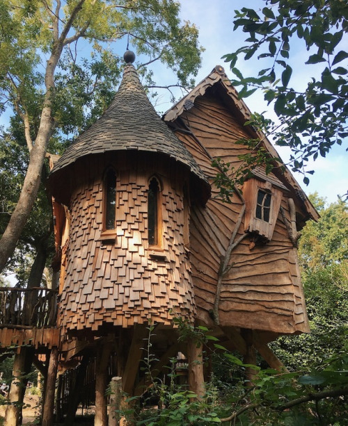 magicalhomesandstuff:  Love these fairy tale treehouses.This one is called the “Higgeldy” by it’s owner. It was inspired by a bird’s nest. Look at the unusual lighting fixture.Lovely corner kitchen with black counter & backsplash. Love the