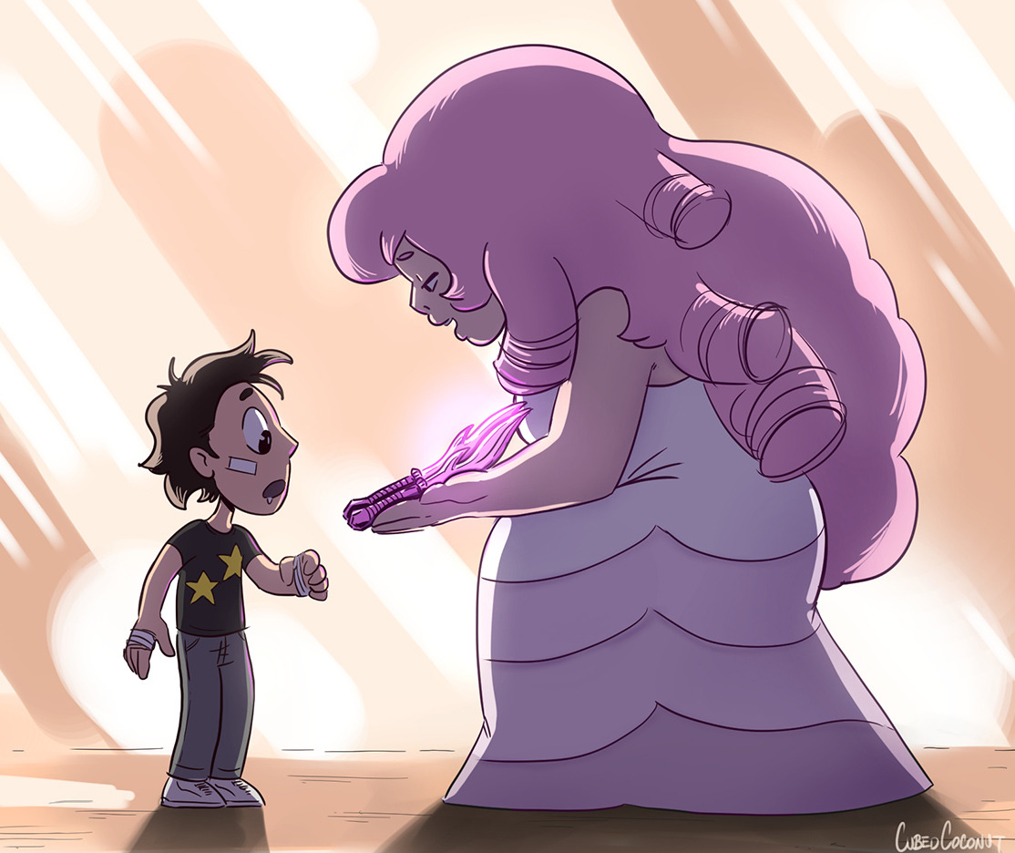 Rose presents some fancy gem weapons to Felix, who is Steven’s brother in an AU