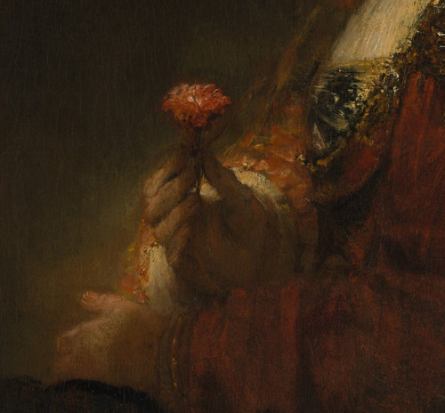 achasma:Woman with a Pink Carnation (detail) by Rembrandt van Rijn, c. 1660.