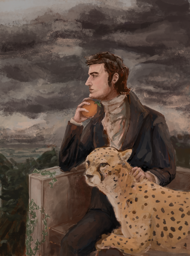 Portrait painting of Darcy from pride and prejudice, posing with a cheetah. They sit on a stone bench outside. Darcy holds and orange in his hand and is looking off into the distance.