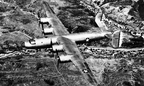 The twin tail XB-32 prototype in flight, probably 1943